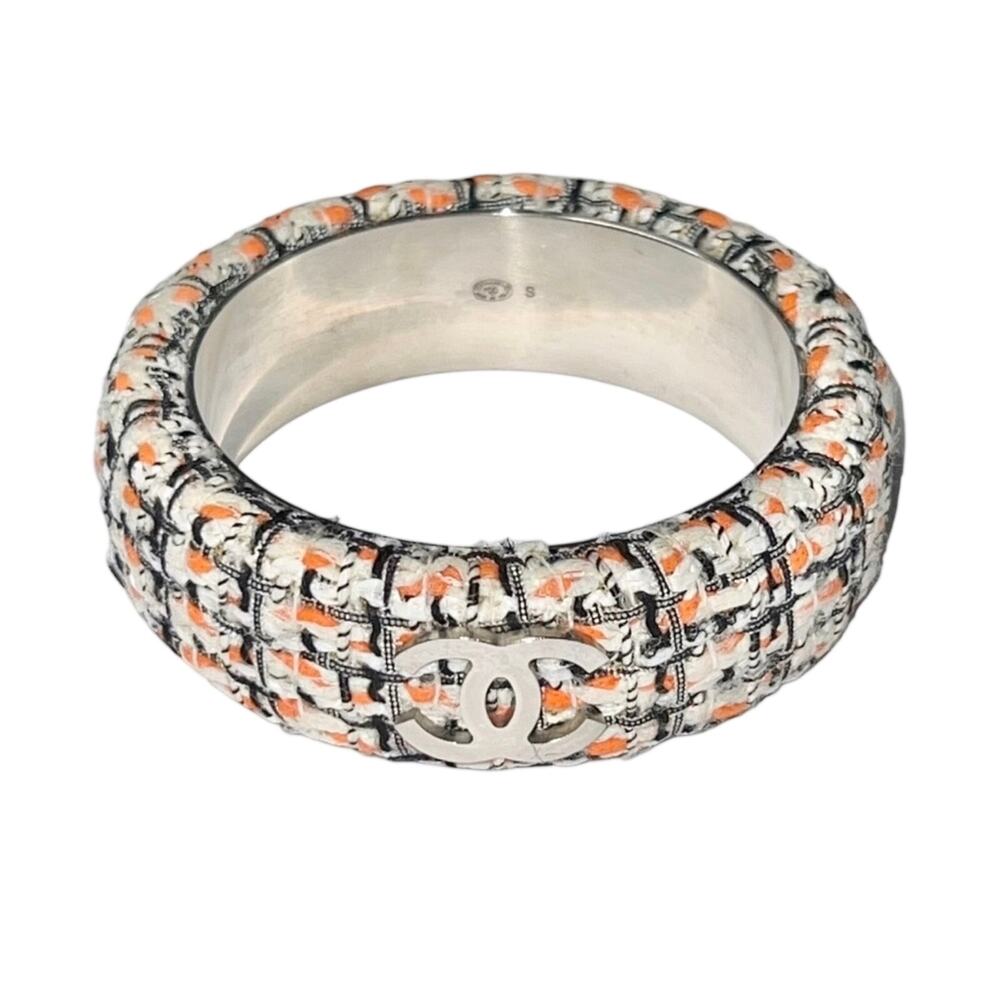 AUTH Chanel Orange Cream Tweed Bangle Bracelet Silver Metal CC Logo